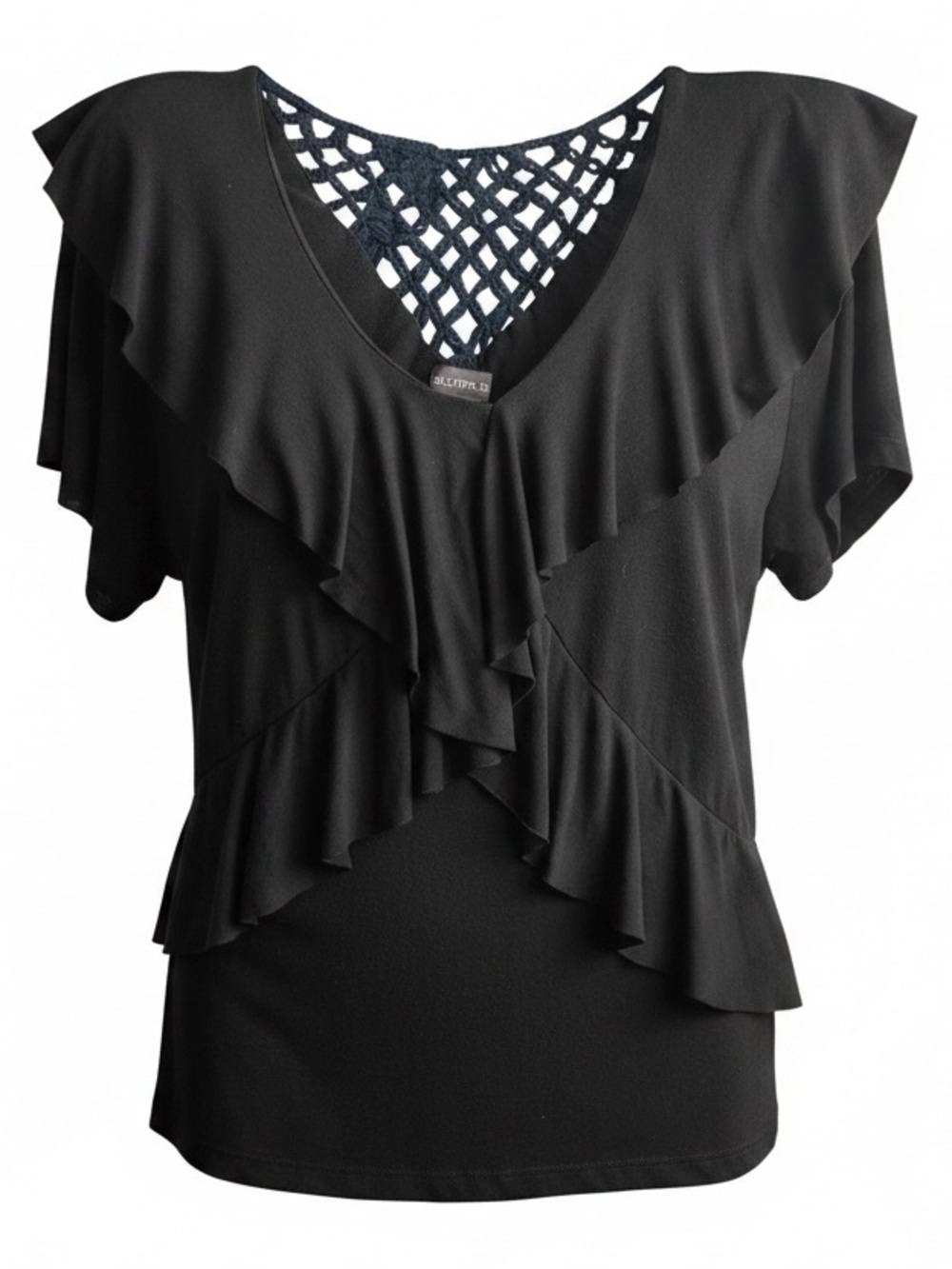 Multiples Black Ruffle V-Neck Blouse with Lattice Back